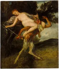 Arnold Böcklin, Nymphe auf den Schultern Pans, 1874, Tempera on wood, mounted on parquetised wooden panel