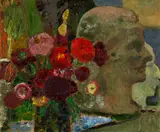 Cuno Amiet, Blumenstillleben mit Büsten (Anna Amiet und Max Gmür)