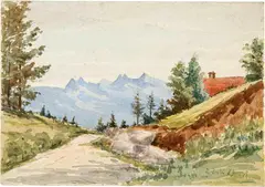 Feldstrasse mit Blick auf die Berner Alpen (recto) - Kathedrale St. Pierre in Genf (verso) by Albert Anker, 1889, Watercolour (recto) - ink and watercolour (verso) on firm watercolour paper, sold Sep 2024