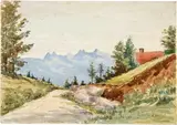 Albert Anker, Feldstrasse mit Blick auf die Berner Alpen (recto) - Kathedrale St. Pierre in Genf (verso), 1889, Watercolour (recto) - ink and watercolour (verso) on firm watercolour paper