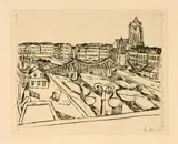 Max Beckmann, Stadtansicht mit eisernem Steg, 1923, Kaltnadel auf BSB-Bütten
