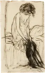 Pierre Bonnard, Jeune Fille, Marie, se deshabillant – Illustration für Peter Nansens "Marie", 1897-1898, Brush in ink over preparatory drawing in pencil on thin wove paper. Same subject on the reverse