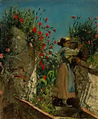 Frank Buchser, Mädchen an Gemäuer mit Nelken, 1878, Oil on canvas