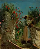 Frank Buchser, Mädchen an Gemäuer mit Nelken, 1878, Oil on canvas