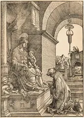 Albrecht Altdorfer, Die Anbetung der heiligen Jungfrau - Der betende Geistliche vor der Maria, Circa 1519, Woodcut on laid paper