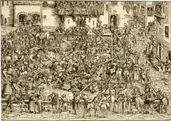Lucas Cranach d.Ã., Das Massenturnier mit Lanzen - Das erste Turnier, 1506, Woodcut on laid paper with watermark countermark "CR"
