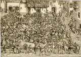 Lucas Cranach d.Ã., Das Massenturnier mit Lanzen - Das erste Turnier, 1506, Woodcut on laid paper with watermark countermark "CR"