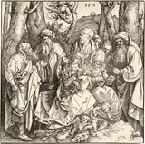 Die Heilige Sippe mit zwei musizierenden Engelknaben - The Holy Kinship with the Lute-Playing Angels by Albrecht Durer, 1511, Woodcut on laid paper with watermark "Large Bear" (Meder watermark 89), sold Sep 2024