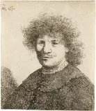 Selbstbildnis mit glatt herabfallendem Kragen - Self-Portrait in a Cloak with a Falling Collar: Bust by Rembrandt Harmensz van Rijn, Circa 1631, Etching and engraving on laid paper, sold Sep 2024
