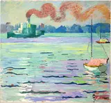 Cuno Amiet, Grosses Dampfschiff und zwei Segelboote auf dem Thunersee