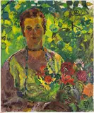 Cuno Amiet, Anna Amiet mit Blumen im Garten, 1928, Oil on canvas