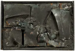 Alberto Burri, Ferro, 1959, Iron, welded, reworked with Indian ink, nailed to painted wooden panel, set by the artist in a fine wooden frame