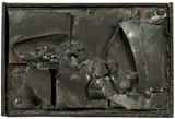 Alberto Burri, Ferro, 1959, Iron, welded, reworked with Indian ink, nailed to painted wooden panel, set by the artist in a fine wooden frame