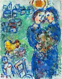 Marc Chagall, Rencontre au village sur fond vert, circa 1981, Tempera, gouache and coloured inks on masonite