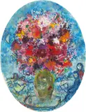 Marc Chagall, Bouquet multicolore sur la table, circa 1970-1975, Oil and gouache on oval isorel