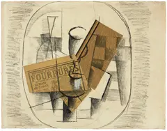 Georges Braque, Verre et Bouteille (FOURRURES), Winter 1913/1914, Charcoal, wood grain paper and newspaper on paper