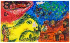 Marc Chagall, La visite du bouc sur fond jaune, Circa 1978, Acrylic, oil, tempera and ink on canvas