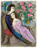 Marc Chagall, Amoureux aux pivoines, 1962, Indian ink and pastel