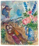 Marc Chagall, Couple aux fleurs et violoniste, 1954–1969, Gouache, pastel and Indian ink