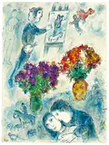 Marc Chagall, Les amoureux aux deux bouquets et le peintre, Circa 1975, Gouache, oil, tempera, coloured pencils and pastel