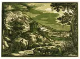 Clair-obscur-Holzschnitt, Arkadische Landschaft, Circa 1612-1615, Chiraoscuro woodcut, the line block printed in black, the two tone blocks in different green tones