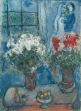 Marc Chagall, Deux bouquets et amoureux sur fond bleu, 1975-1976, Oil, tempera and ink drawing on canvas, mounted on painting board
