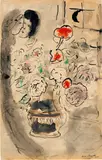 Marc Chagall, Amants au bouquet de fleurs dans un vase, 1949, Brush and ink drawing, Gouache
