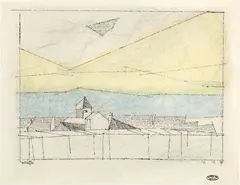 Possendorf by Lyonel Feininger, 15 July 1955, Pen and ink drawing, watercolour in yellow and blue, sold Sep 2020