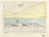 Possendorf by Lyonel Feininger, 15 July 1955, Pen and ink drawing, watercolour in yellow and blue, sold Sep 2020