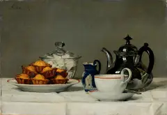 Albert Anker, Stillleben: Tee und Schmelzbrötchen - auch Teegedeck, 1873, Hammer price