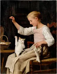 Albert Anker, Mädchen mit Katze spielend - Le petit ami, 1887, Hammer price