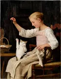 Albert Anker, Mädchen mit Katze spielend - Le petit ami, 1887, Hammer price