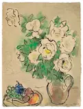 Roses blanches et nature morte - ou Fleurs blanches et coupe de fruits by Marc Chagall, 1953, Hammer price, sold Jun 2019