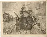 Armed Three-Master with Daedalus and Icarus in the Sky by gestochen von Frans Huys Pieter Brueghel d. Ä., 1565, *, sold Jun 2019