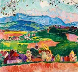 Cuno Amiet, Bauernhäuser in Affoltern im Emmental, mit Blick über die Voralpen auf Eiger, Mönch und Jungfrau, 1926, Hammer price