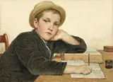 Albert Anker, Knabe mit Strohhut, bei den Hausaufgaben, 1908, Hammer price