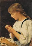 Albert Anker, Nähendes Mädchen im Profil nach links, 1908, Hammer price
