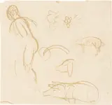 Paul Gauguin, Paris 1848–1903 Hiva-Hoa (Marquesas) Skizzenblatt mit mehreren Schweinen und einer Figur