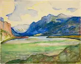 Giovanni Giacometti, Blick auf den Silseersee und den Piz Corvatsch von Capolago/Maloja, links mit dem markanten Felsvorsprung Sacs da Corn