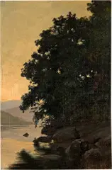 Robert Zünd, Seeufer mit Bäumen, Abendstimmung