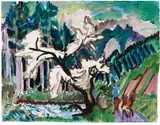Am Sertigbach, Sertigstrasse mit Pferdegespann und die Halden des Wildbodens, und mit Blick auf das Gebirge by Ernst Ludwig Kirchner, sold Jun 2019