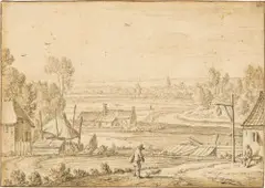 Herman Saftleven, Holländische Landschaft – Blick von einem leicht erhöhten und mit Häusern umgebenen Standpunkt in eine Ebene