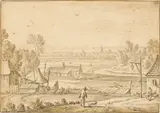 Herman Saftleven, Holländische Landschaft – Blick von einem leicht erhöhten und mit Häusern umgebenen Standpunkt in eine Ebene