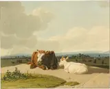 Wilhelm von Kobell, Landschaft mit zwei Kühen, im Hintergrund Schloss Emming von Osten