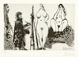 Peintre barbu en robe de chambre, avec deux femmes nues et un visiteur by Pablo Picasso, sold Jun 2019