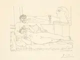 Vieux sculpteur et jeune modèle avec le portrait sculpté du modèle by Pablo Picasso, sold Jun 2019