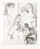 Vieil homme songeant à la peinture ancienne: Vierge à l’oiseau avec petit Saint Jean, personnage au poisson et jeunes filles by Pablo Picasso, sold Jun 2019