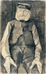 Vincent van Gogh, Oude Retering – Old Retering, facing front – Le Vieillard (Adrianus Zuyderland), 1883, Bleistift, schwarze Kreide, mit dem Pinsel in schwarzer Tusche und Aquarell in Grau überarbeitet Oktober–November