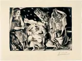 Pablo Picasso, Minotaure aveugle guidé par Marie-Thérèse au pigeon dans une nuit étoilée, 1934–1935, Blatt 97 der Folge «Suite Vollard» Aquatinta mit Schabeisen, Stichel und Kaltnadel überarbeitet
