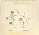 Paul Klee, Überkultur von Dynamoradiolaren 2, Federzeichnung in Tusche, vom Künstler auf Unterlage aufgezogen, auf dem Unterlagekarton mit Abschlussstrich in Feder in Tusche, mit der Werknummer «1926 D.4.» und dem vollen Titel «Überkultur von Dynamoradiolaren 2» 1926 – Werknummer 1926.134 (1926